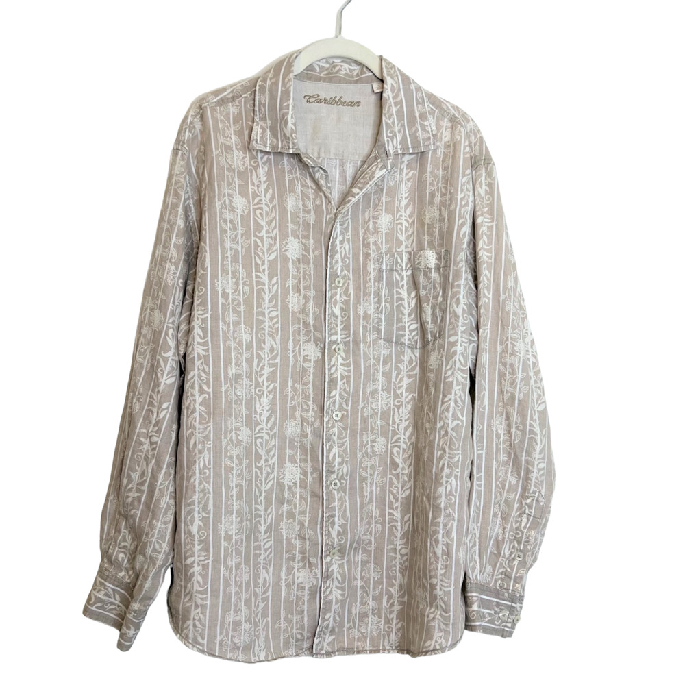 Caribbean Womens Linen Blouse Large Beige White Floral Pattern Button Up